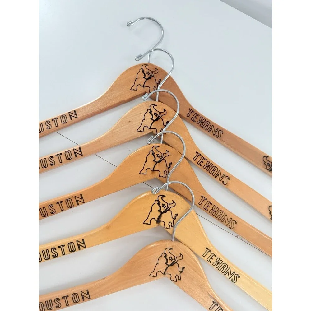 5 Custom personalized wooden hangers featuring the Houston Texans logo and name
